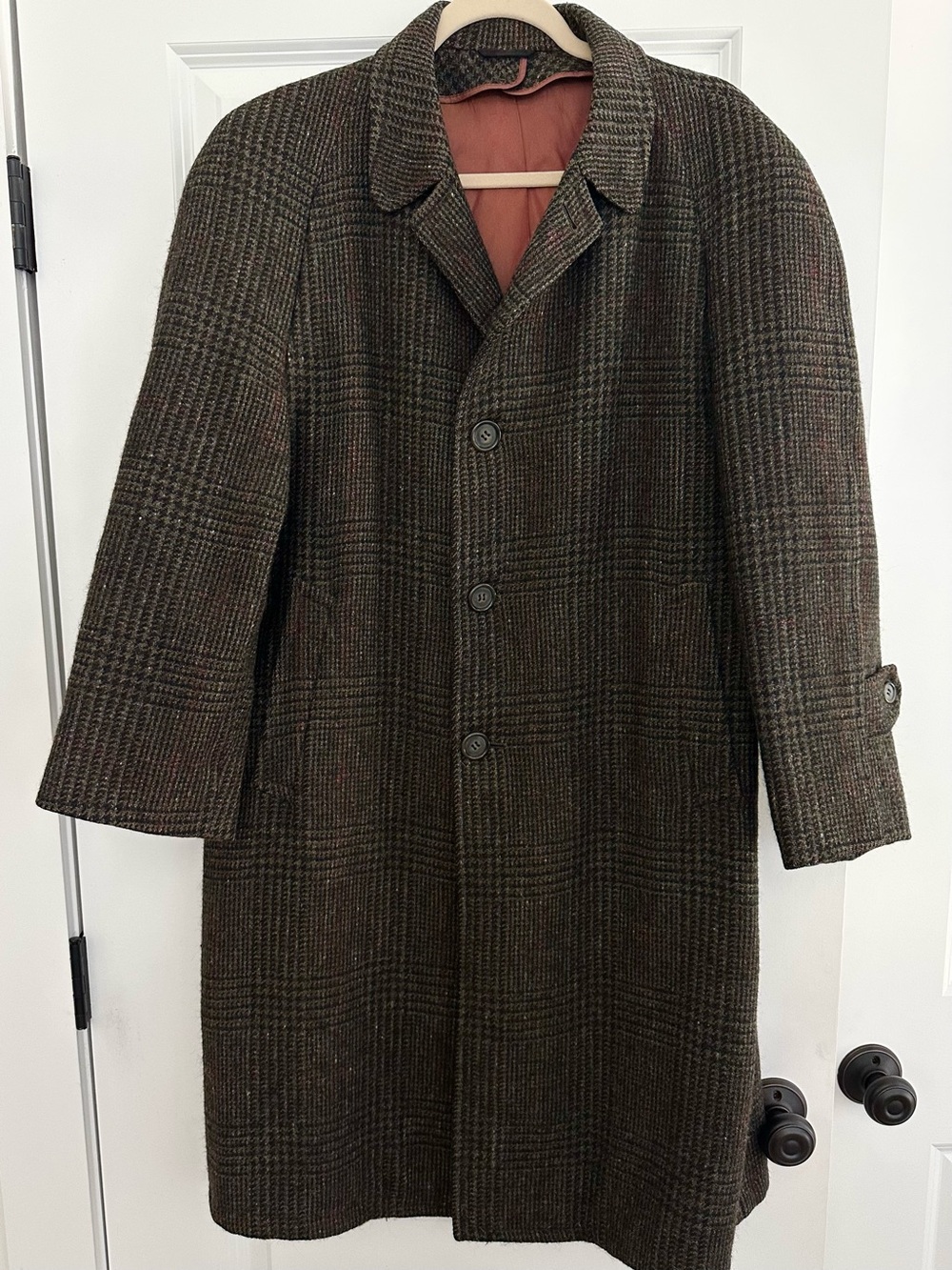 Vintage 1950s Glen Plaid Wool Green & Brown Balmacaan Overcoat Union Made in USA